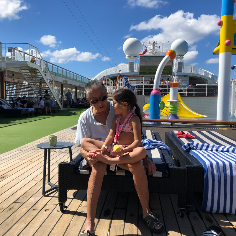 A picture of my husband Willie, grandfather/father, with our granddaughter Halle on the desk of a cruise we did in May 2019